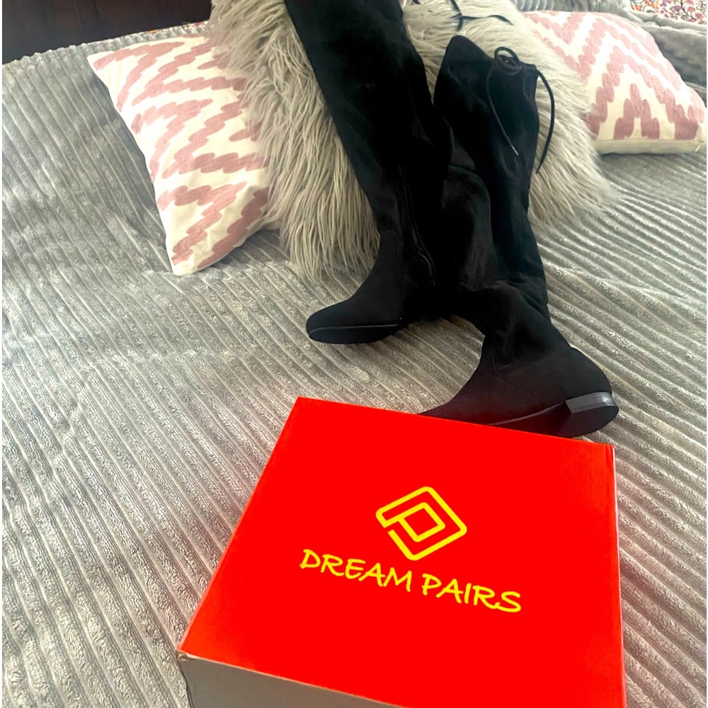 Beautiful, fun black suede over the knee flat boots.